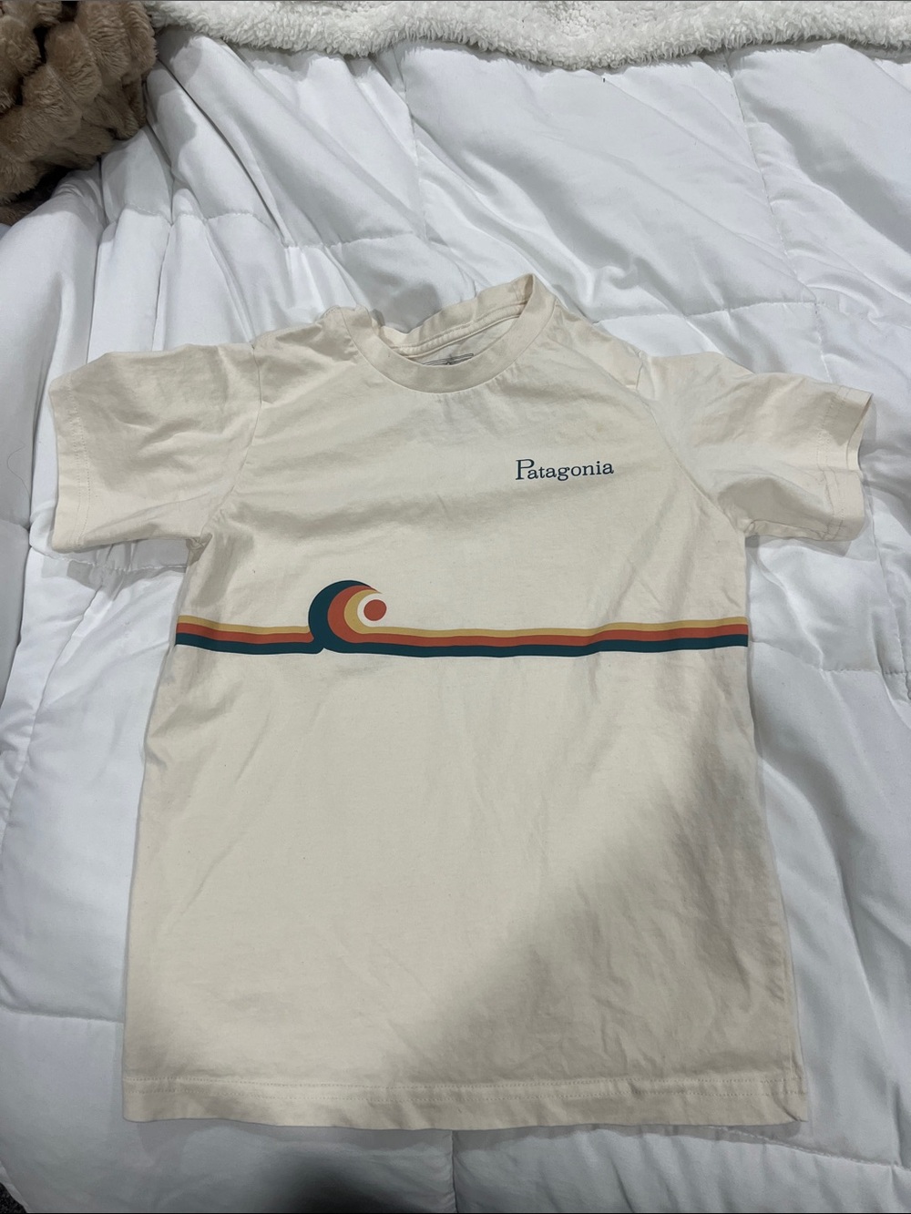 Patagonia Boys 5/6 Cream Tee with Teal, Rust & Mustard Wave Graphic